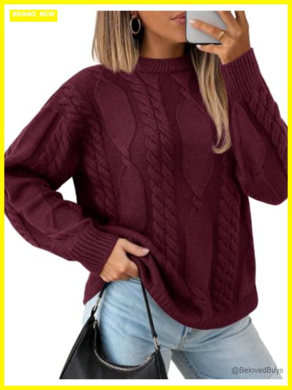 Cable Knit Pullover Sweater Womens Long Sleeve Crewneck Loose Fit